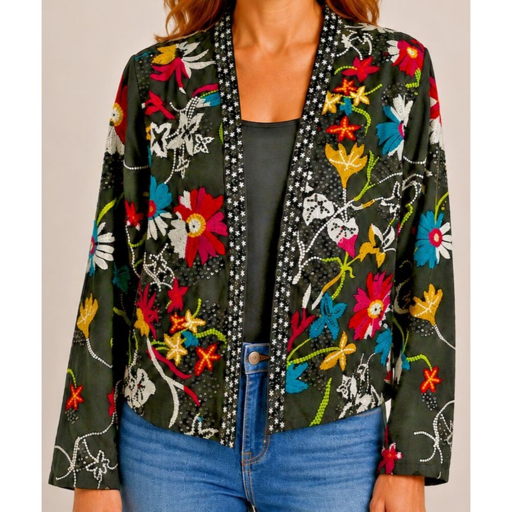 VTG Chico’s Embroidered Floral Sequin Art Jacket Boho Open Front Cotton Size 0